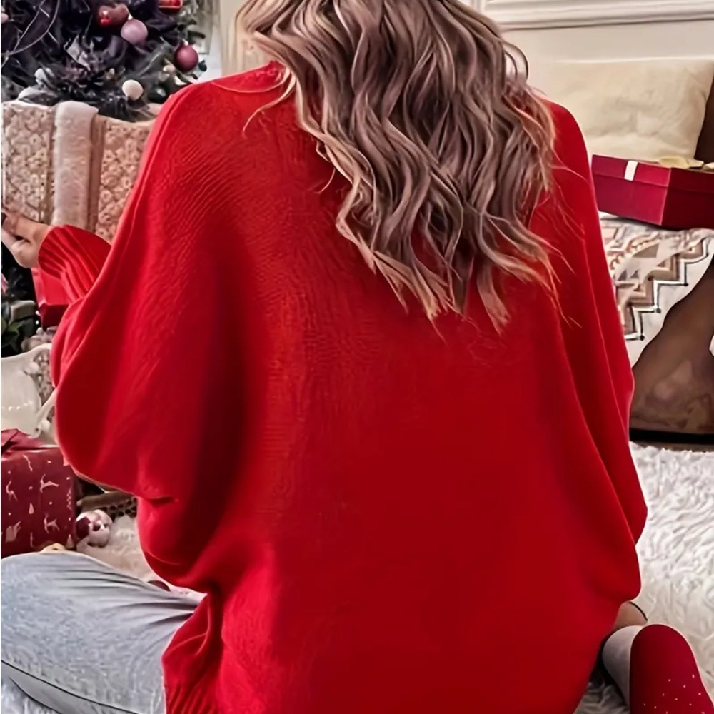 Red Turtleneck Sweater with 'Merry' Design - Picture 4 of 4